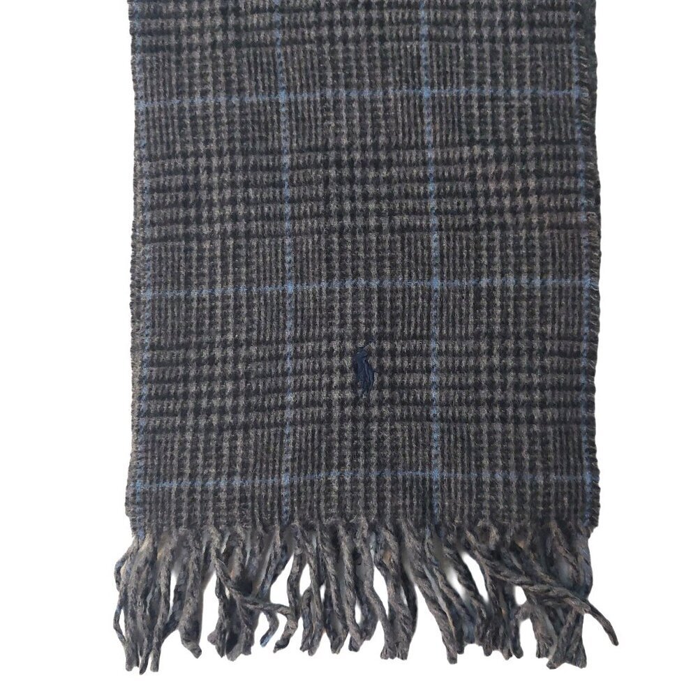 POLO Ralph Lauren Light Blue Black Gray Plaid Reversible Scarf Embroidered Logo - Picture 2 of 7